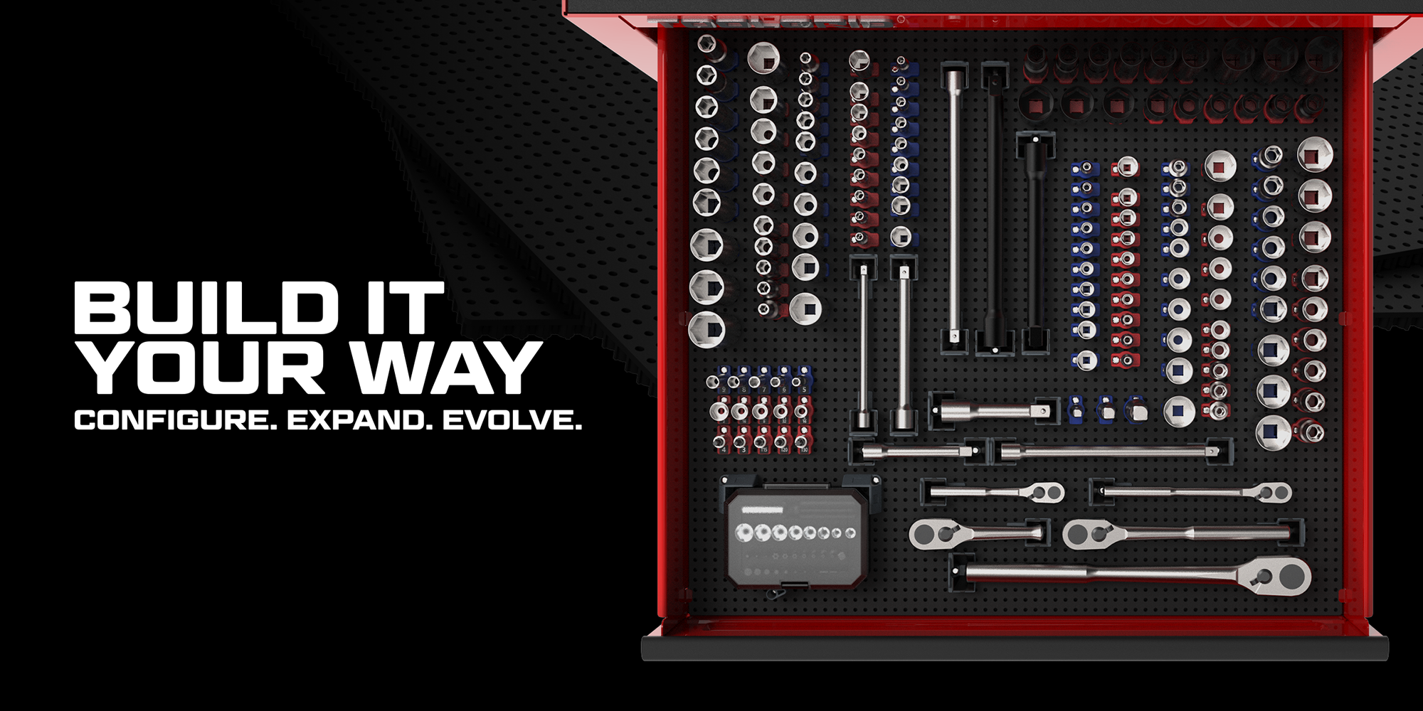 Tool set with various tools on a black background, featuring text 'Build It Your Way'